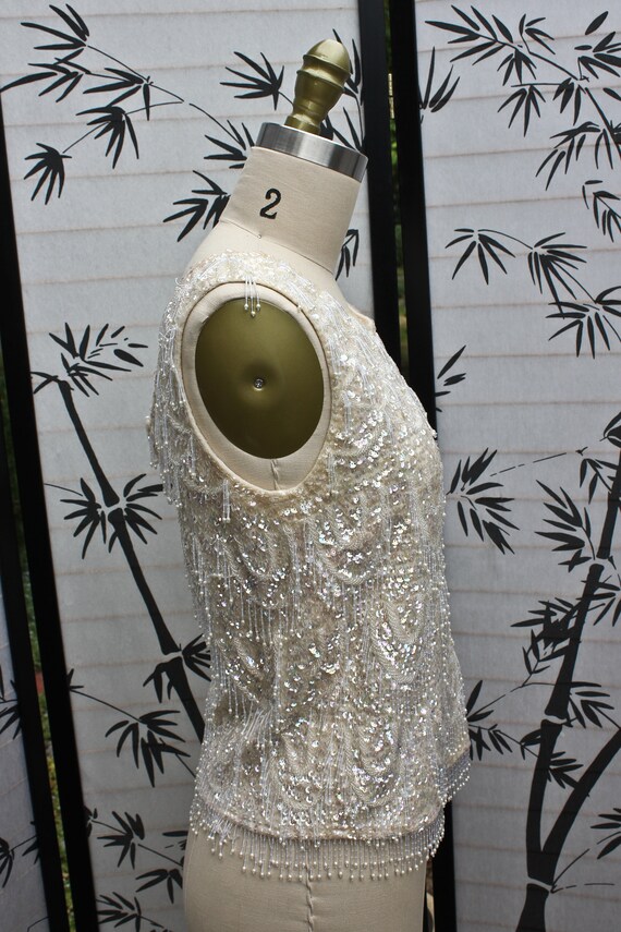 Cream Colored Iridescent Sequin and Beaded Wool T… - image 5