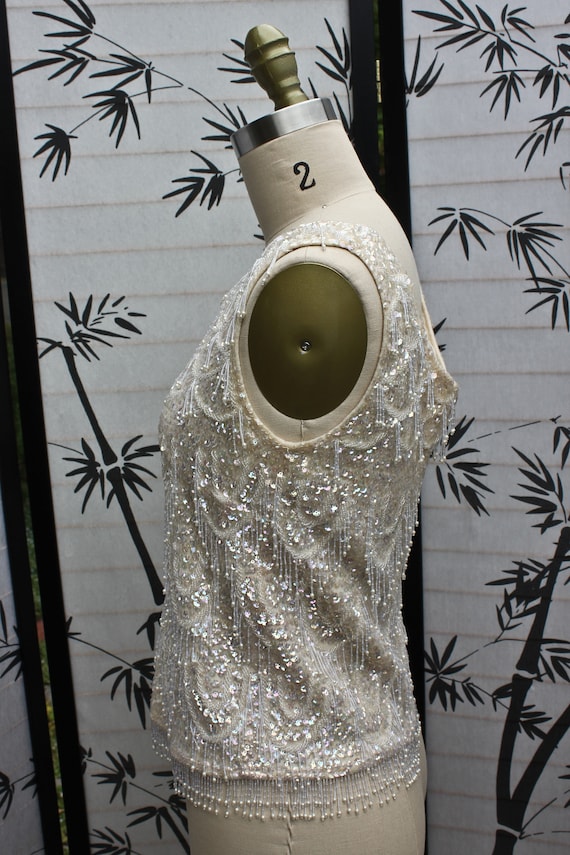 Cream Colored Iridescent Sequin and Beaded Wool T… - image 3