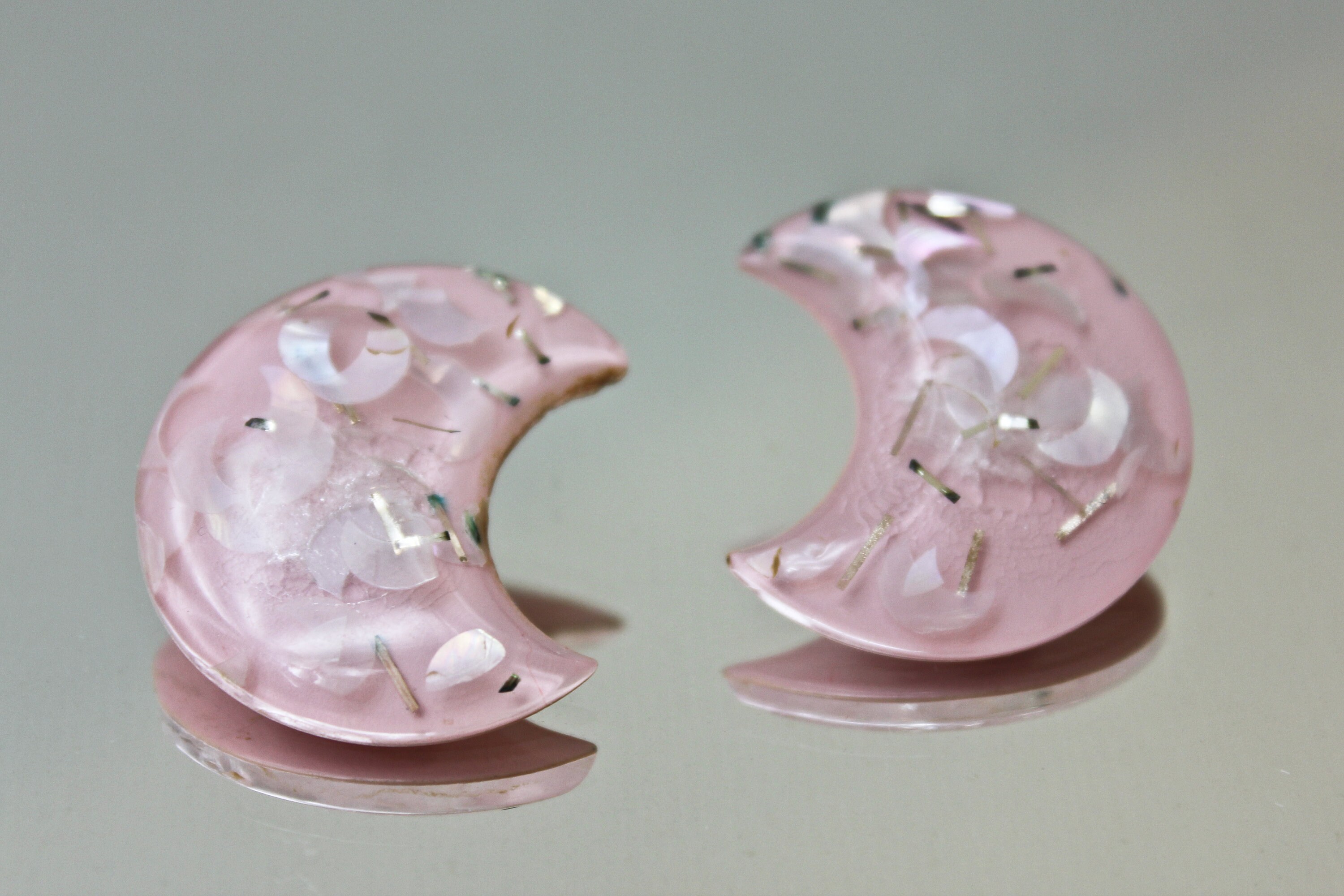 Pink Confetti Earrings c1950s Fifties Pink Moon Shaped Confetti Clip Ons Vintage Pink Crescent Moon Shaped Confetti Lucite Earrings