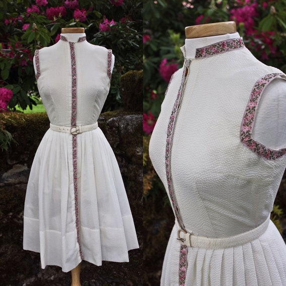Off White Belted Diaphanous Seersucker Dress With