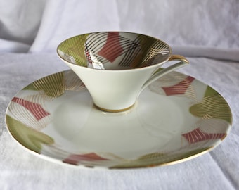 Vintage Winterling Bavaria tekopp och dessertfat: Grön, rosa och guld, 1940-talet