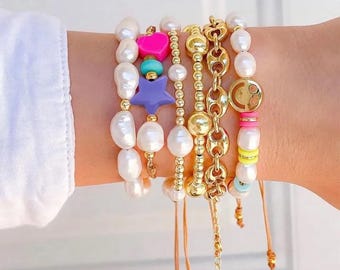 Teacher Pearl and Gold Stack Bracelet | Set of 6 Bracelets | Teacher Arm Candy Bracelet | Teacher Accessories | Teacher Bracelets