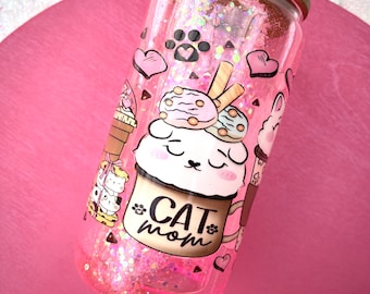 Glitter Snowglobe Cup with Kitty | Iced Coffee Glass Cup | Rhinestone Lid | Pink Tumbler | Kitty Snowglobe| Glass Cup with Lid and Straw