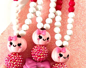 Pink Pumpkin Beaded Teacher Lanyard | Kawaii Fall Style