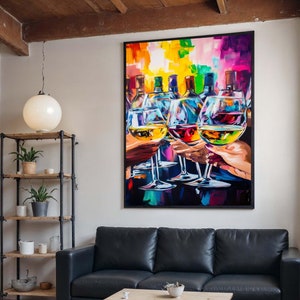 Lienzo de celebración de Cheers, arte colorido del vino, diseño de lienzo de arte de pared ilustrativo de fiesta, decoración vibrante lista para colgar, póster de Cheers, arte de regalo