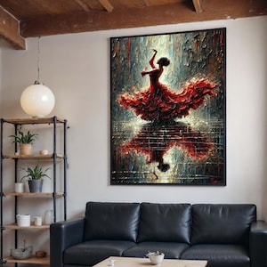 Elegante Flamenco-Tänzerin Leinwand, Rotes Kleid Wandkunst, Ballett Leinwand, Wand Kunst Leinwanddesign, Fertig zum Aufhängen, Geschenk Kunst