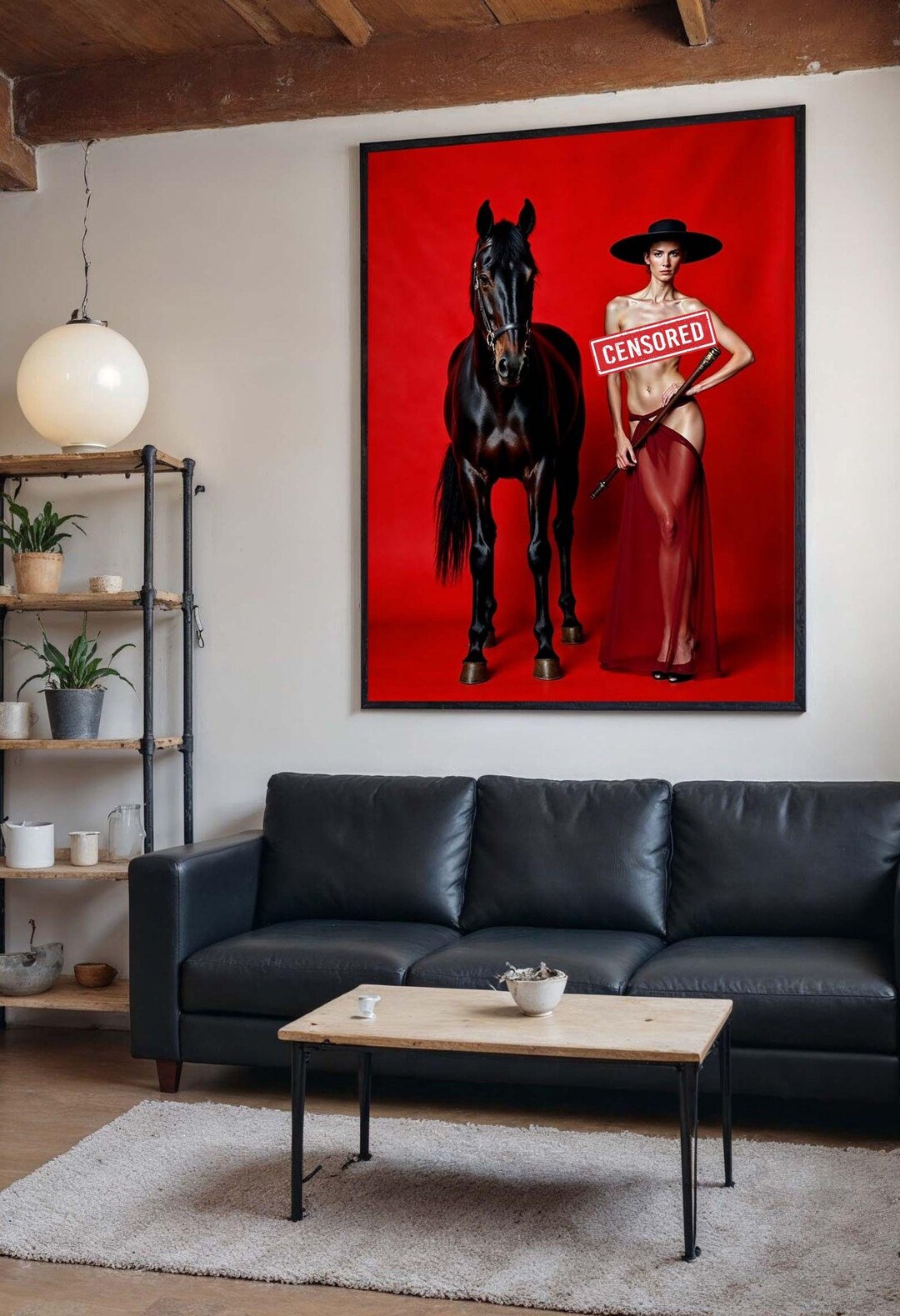 Nude Woman With Black Horse Canvas, Sensual Equestrian Art, Bold Red