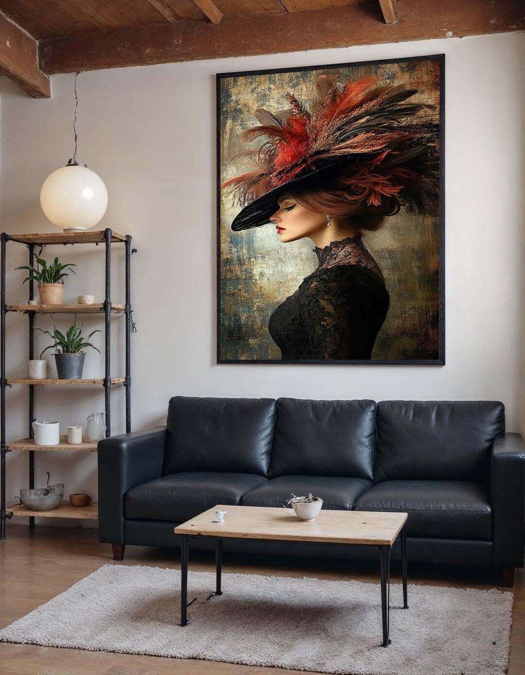 Victorian Feathered Hat Portrait Canvas, Elegant Vintage Wall Art, Lace ...