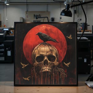 Lienzo de cuervo sobre calavera, póster de arte oscuro, impresión de calavera para pared, lienzo de arte gótico para pared, decoración del hogar, listo para colgar, lienzo de arte para regalo
