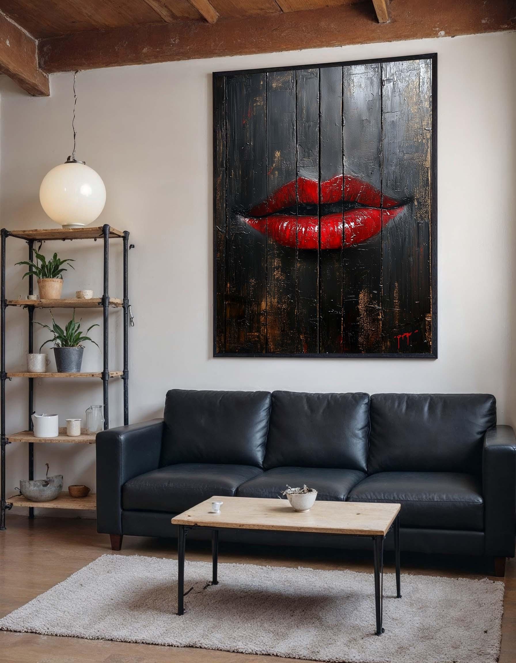 Red Lips on Black Canvas, Bold Wall Art, Sensual Lip Painting, Modern Romantic Artwork, Wall Art Canvas Design, Ready to Hang