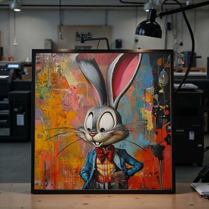 Rabbit in Suit Canvas, Cartoon Rabbit Wall Art, Whimsical Animal Painting, Wall Art Canvas Design, Ready to Hang Decoration
