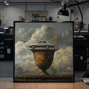 Lienzo de coche surrealista sobre jarrón, arte de coches, arte de paisaje surrealista, diseño de lienzo de arte de pared, decoración del hogar lista para colgar, póster de fantasía