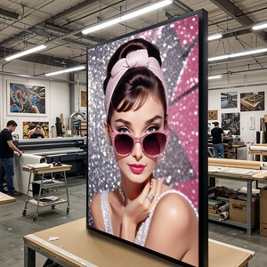 Audrey Hepburn Glam Canvas, Hollywood Icon Wall Art, Vintage Fashion Print, Pink Aesthetic Poster, Elegant Retro Decor