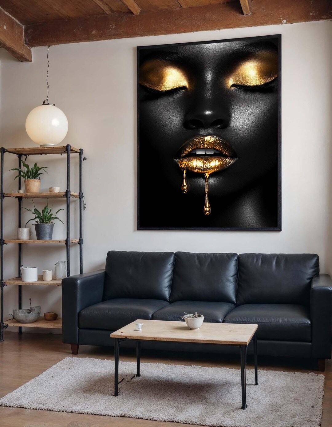 Gold Drip Glam Canvas, Black and Gold Wall Art, Luxury Face Art, Bold