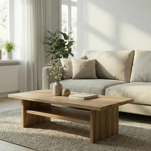 Peut inclure: Intérieur de salon avec un canapé beige, une table basse en bois et un tapis neutre. La table basse a une étagère inférieure et contient des objets décoratifs. La lumière naturelle entre par une fenêtre.