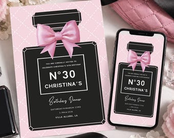 Pink Bow Birthday Invitation Template, Editable Coquette Birthday Invite, Luxury Black Pink Party Invite, Sweet 16 21st 30th Birthday