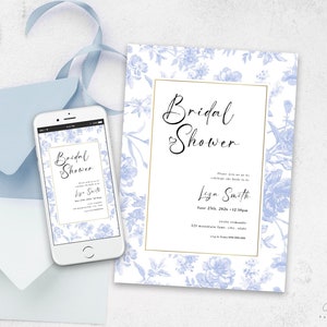 Blue French Toile De Jouy Bridal Shower Invitation Template, Birthday Party, Mobile Invitation, Fashion Party, Templett INSTANT Download