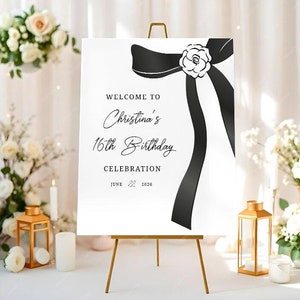 Welcome Sign Template, Editable Party Welcome Sign, Birthday Poster, Black Ribbon Welcome Sign, Printable, Templett INSTANT Download