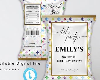 Editable Fashion Birthday Chip Bag, Fashion Birthday Celebration, Party Decor, TEMPLETT