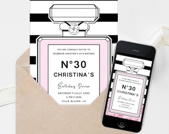 5x7 Birthday Party Invitation, Pink Perfume Elegant Invite, Bridal Shower Invite, Mobile Invitation, Fashion Party, Editable Template