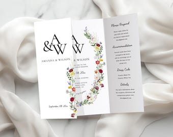 Floral Digital Wedding Card, Wildflower Gatefold Wedding Invitation, Elegant Rustic Trifold Template Editable in Templett