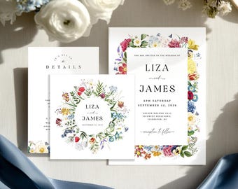 Floral Wedding Invitation Set, Elegant Botanical Garden Theme (TEMPLETT Editable Template)