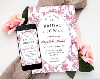 Editable Blue Toile Bridal Shower Invitation, Vintage Floral Bridal Shower Invite, Printable Elegant Garden Party Invitation, TEMPLETT