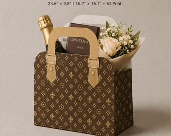 Modello SVG per scatola regalo a forma di borsetta alla moda, file di taglio Cricut per borsa regalo, bomboniera di lusso per festa di compleanno in stile boutique, decorazione per festa con fiocco coquette.
