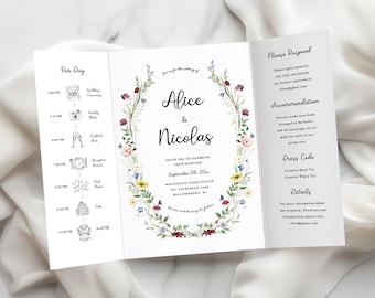 Floral Digital Wedding Card, Wildflower Wreath Gatefold Wedding Invitation, Elegant Rustic Trifold Template Editable in Templett