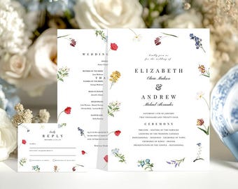 Editable Floral Wedding Invitation Set, Botanical Wedding Invite Template, Elegant Garden Invitation, Printable Wedding Suite, TEMPLETT