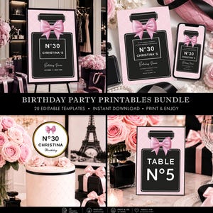 May include: A birthday party printable bundle featuring a perfume bottle design with a pink bow, black accents, and white text including N°30, Christina's, and Table N°5. The set includes editable templates for invitations, signage, and cake toppers.