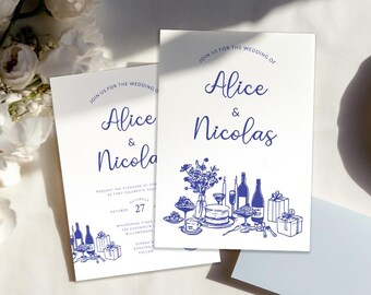 Hand Drawn Wedding Invitation Card (Editable Templett) Double Sided Blue&Black Printable Invite, Digital Download