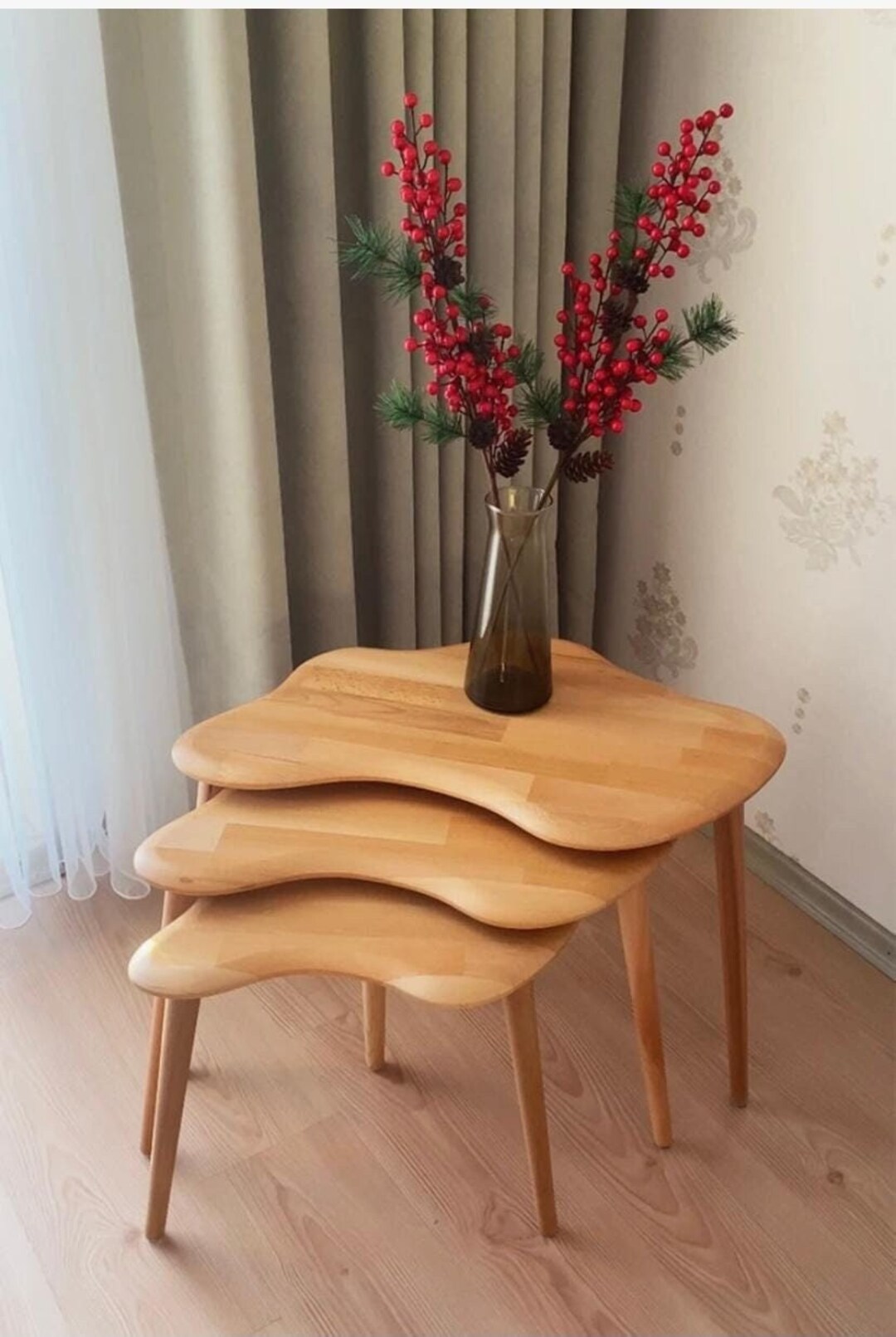 Asymmetric Natural Solid Natural Wood Nesting Table Set of 3, Modern ...