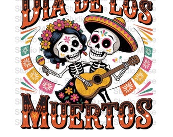 Día de los Muertos PNG, Mexican Sugar Skull Couple Clipart, Day of the Dead Skeleton Guitar Art for Fiesta Shirts, Party Decorations