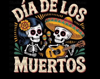 Día de los Muertos PNG, Skeleton Couple with Guitar and Maracas, Mexican Sugar Skull Clipart for Day of the Dead Fiesta Shirts & Decor