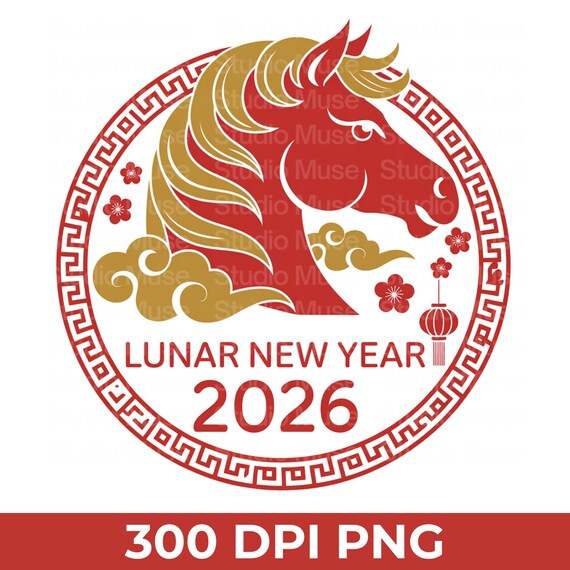 2026年旧正月 馬 PNG、中国の干支 馬年 クリップアート、赤と金の旧