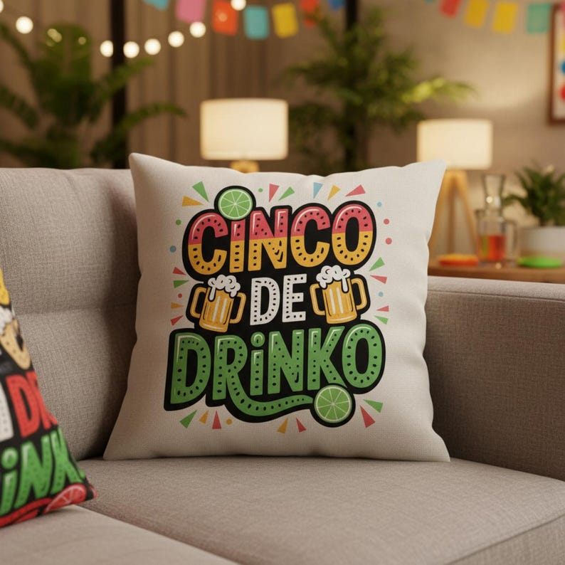 May include: A square, off-white throw pillow with the words "CINCO DE DRINKO" in colorful, block letters. The design includes images of beer mugs and lime slices, perfect for a festive celebration. The pillow is resting on a gray sofa.