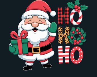 Ho Ho Ho Santa PNG, Cute Christmas Clipart, Buffalo Plaid Leopard Print Holiday Sublimation Design for T-Shirts, Mugs & Gifts