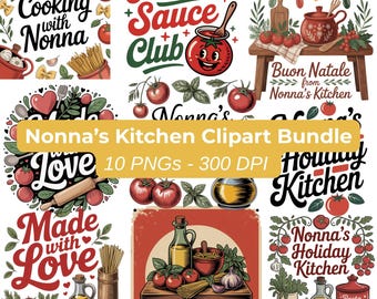 Pacote de Clipart da Cozinha da Nonna | Arte Retrô de Culinária Italiana | Ilustrações de Tomate, Massa e Azeite | Conjunto Aconchegante de PNGs de Comida Vintage