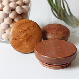 vintage teak top canister set / modern storage jar / set of 3 image 3