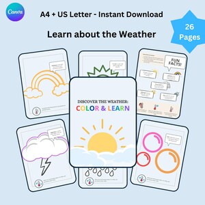 Folhas para colorir sobre o clima, cartões para aprender sobre o clima, pôsteres educacionais para crianças para imprimir, livro de atividades sobre o clima