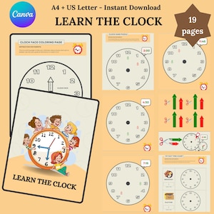 Scheda Impara l'orologio, Scheda attività Orologio per la scuola domestica, Poster educativi Impara a leggere l'ora, Pagina da colorare Insegna ai bambini a leggere