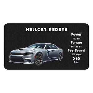 May include: A silver Dodge Charger Hellcat Redeye with black accents and a black background. The car has a black grille, black wheels, and black side skirts. The car is shown with its performance specifications: 797 HP, 707 LB-FT torque, 203 mph top speed, and 3.6 seconds 0-60.