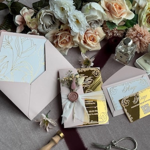 Rustikale Hochzeitseinladungs-QR-Code-RSVP, Blush-Rosa-Spiegel-Goldacrylhochzeitseinladungs-Set, Invitaciones de Boda, Sweet 16 Einladung