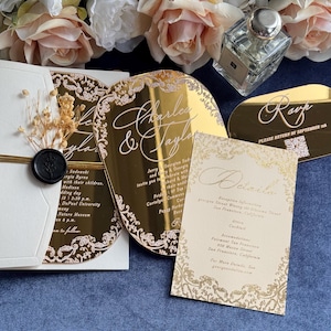 Invitaciones de boda acrílicas con espejo dorado de lujo, invitaciones de boda, invitaciones de quinceañera con RSVP, invitación personalizada