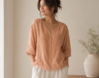 Soft Linen Blouse for Women | Minimal V Neck Button Shirt | Loose Fit Summer Top