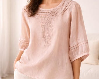 Linen Embroidered Blouse – Boho Top for Women – Lightweight Summer Shirt – Casual Loose Fit