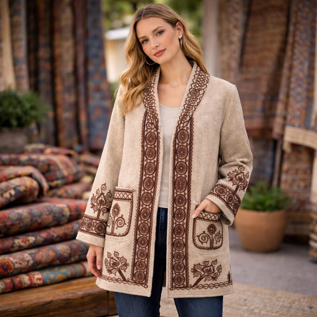 Handmade Embroidered Wool Coat | Beige Boho Folk Jacket - Etsy