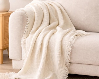 Manta de muselina suave – Manta ligera con textura de gofre y flecos – Decoración minimalista para el hogar