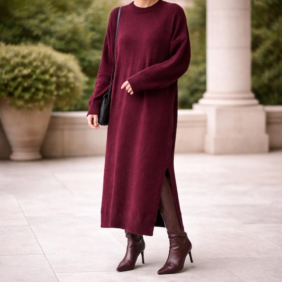 midi burgundy sweater dress – Knit Jumper Dress With Side Slit Block print Chevron Button deep v-neck prom dress Size:XS (30-31 sleeve length) 72% Viscose 28% Polyester